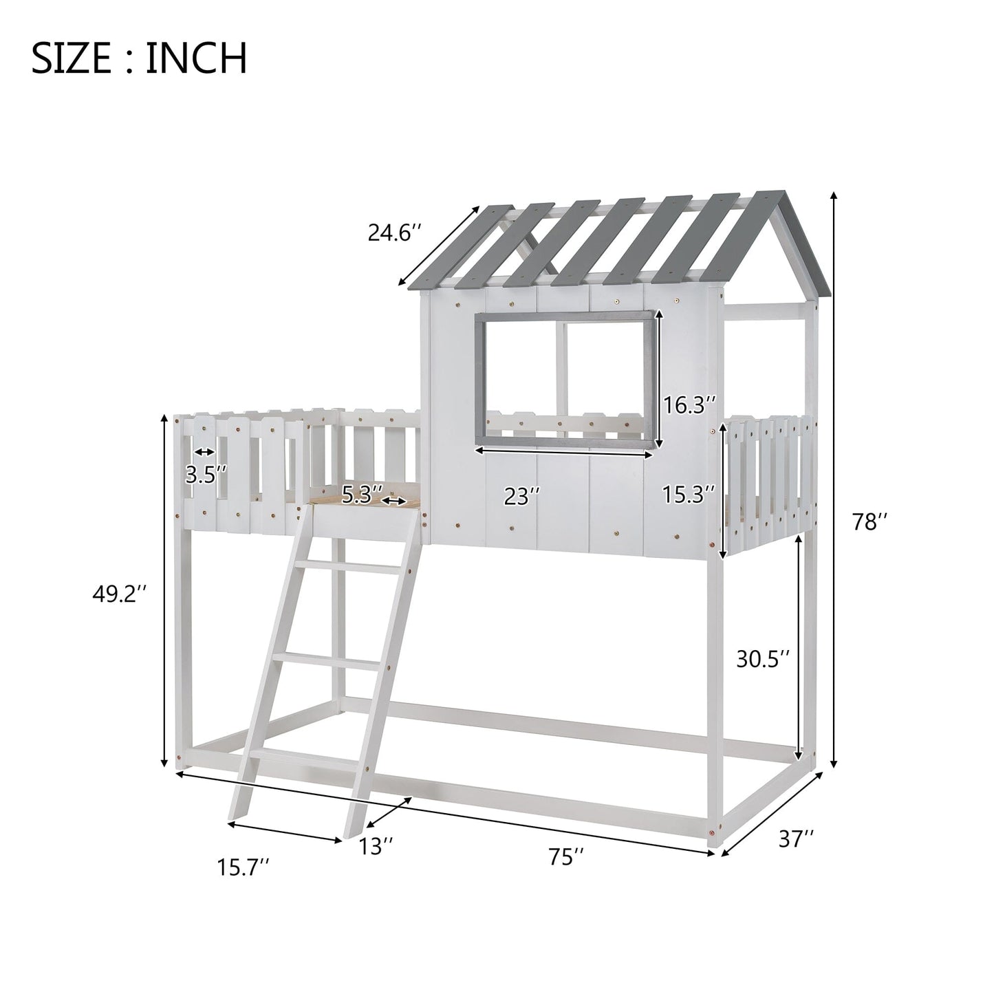 Bunk House Bed with Rustic Fence-Shaped Guardrail, White