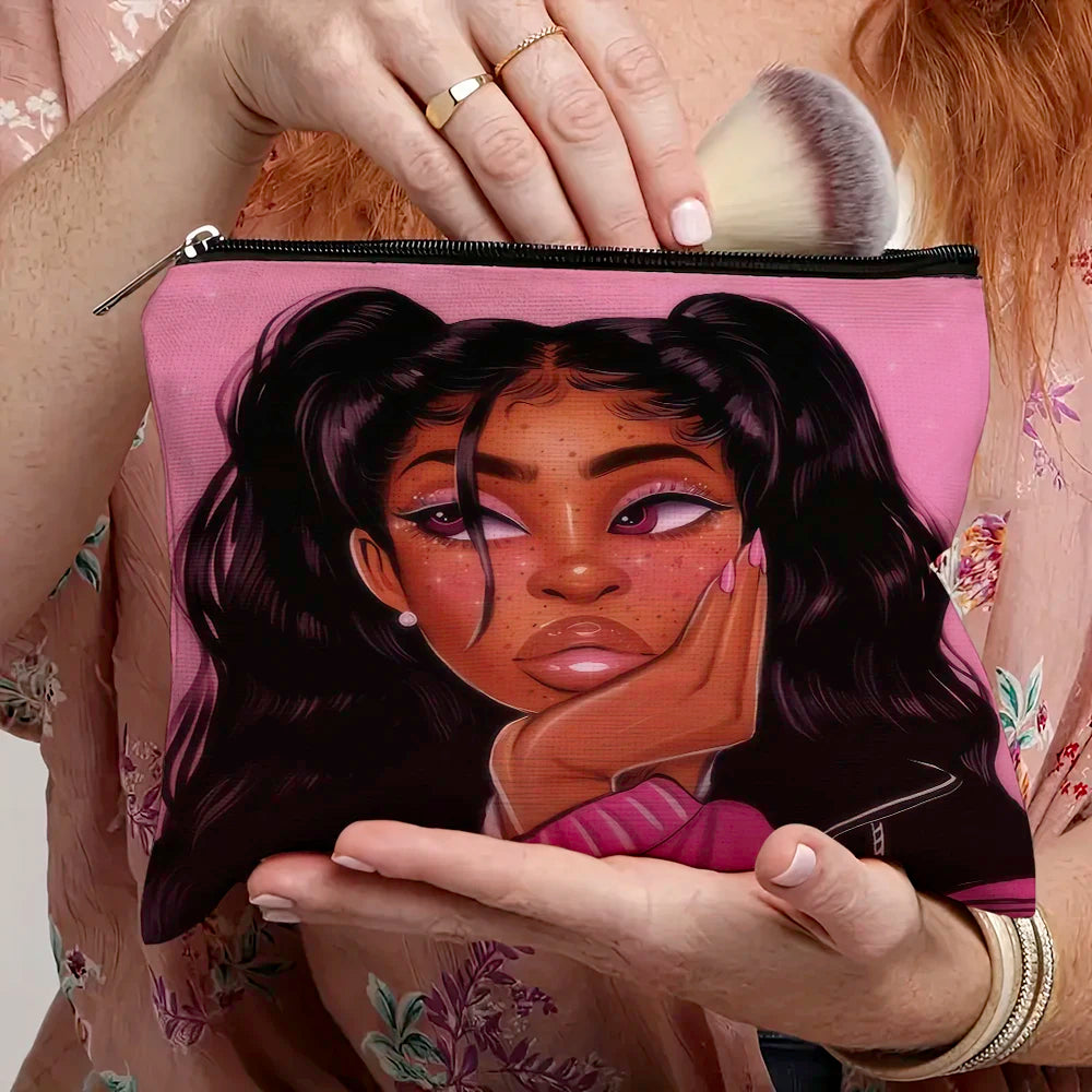 Casual African Girl Makeup Bag Double Print Black Women Cosmetic Bags Cartoon Lady Travel Toiletry Organizer Storage Case