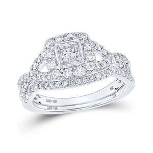 10kt White Gold Princess Diamond Halo Bridal Wedding Ring Band Set 1 Cttw