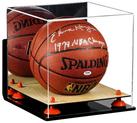 Elvin Hayes autographed basketball in our A001 wood base, mirrored, wall mount case
