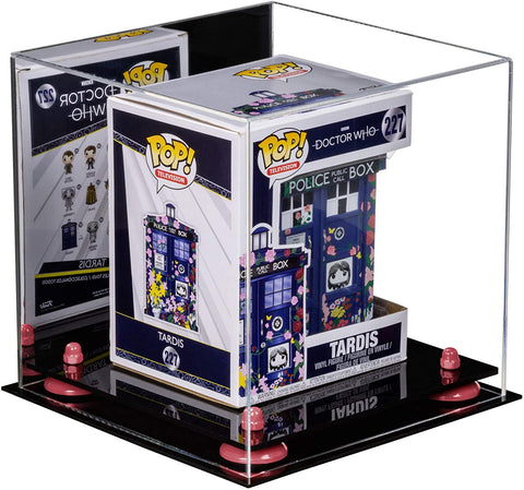 A Funko TARDIS (in box) featured inside a A028 10-inch display cube from Better Display Cases with pink risers
