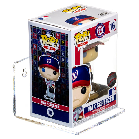 A Max Scherzer POP figure is seen sitting on an A083 5-inch x 5-inch x 3-inch floating acrylic shelf from Better Display Cases.