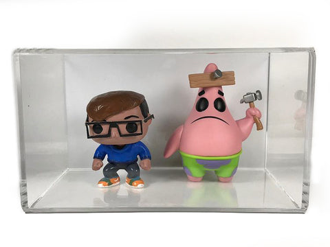 Two Funko Pop figures, including Patrick from SpongeBob are featured in a Funko Pop Display Case from Better Display Cases