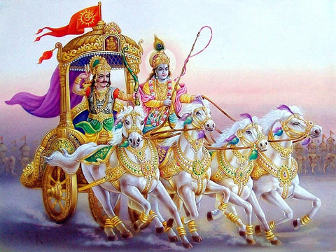 Artwork featuring the Hindu God Krishna seated on a chariot
