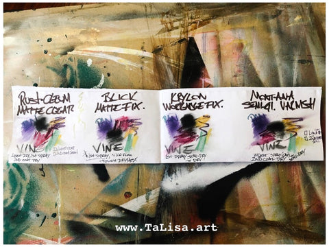 strip of fixative spray test results. 4 sections of similar colorful abstract marks created for the test. www.TaLisa.art 