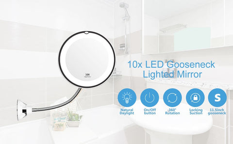 10X Magnifying Makeup Mirror Flexible Gooseneck LED Lighted Power Locking Suction Cup Bright Diffused Light 360 Degree Swivel