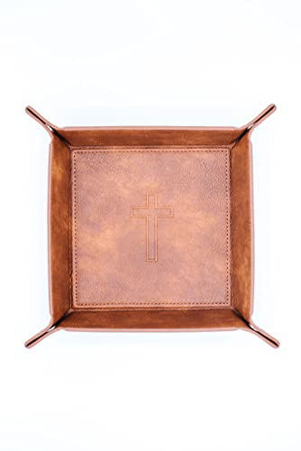 Leather Valet Tray w/ Cross Engraved - Multi-Purpose Valet Tray for Men - Mens Desk Accessories for Rings, Air pods, Watch, Keys & More - Nightstand Tray for Men, Easter, Pastor