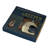 The Keeper moon design retail box with windows showing AirTag holder and clasp