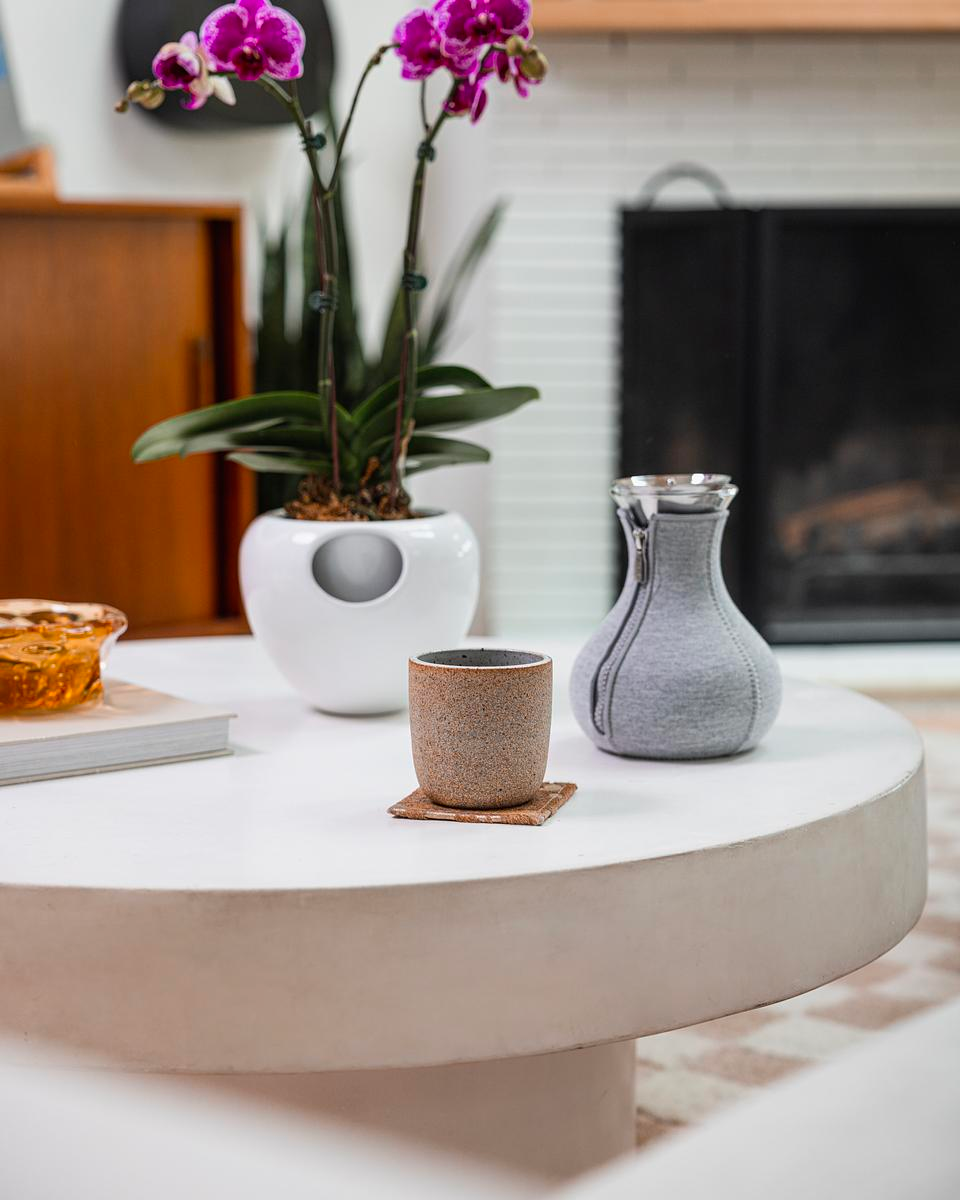 Coffee table with planter, mug and coffee carafe