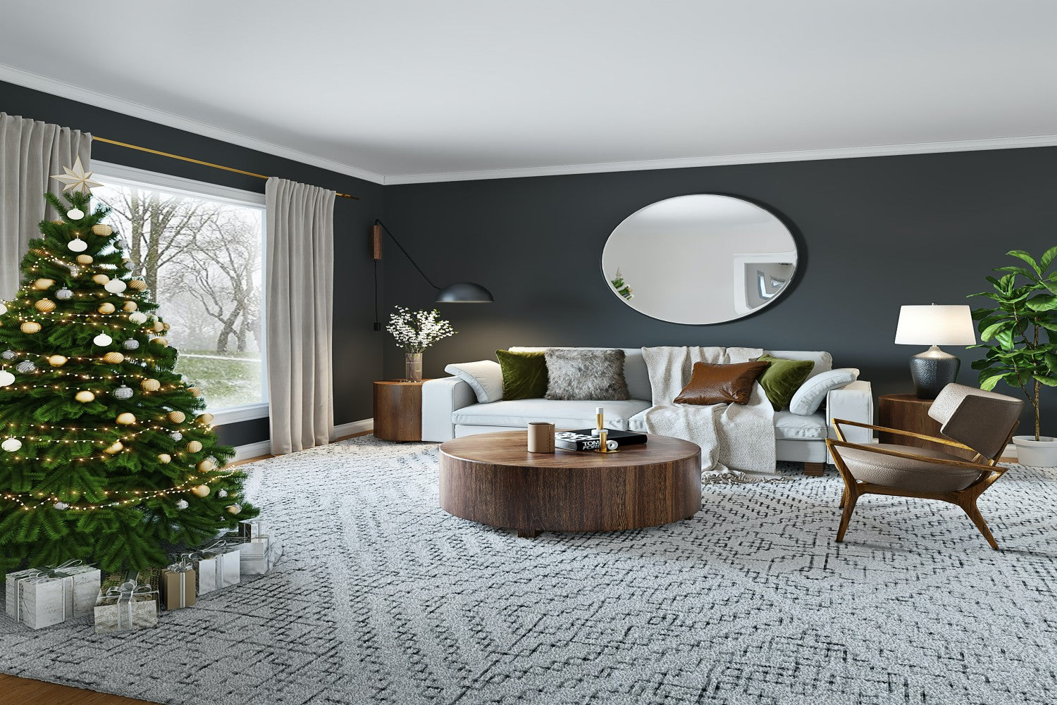 modern living room with Christmas tree
