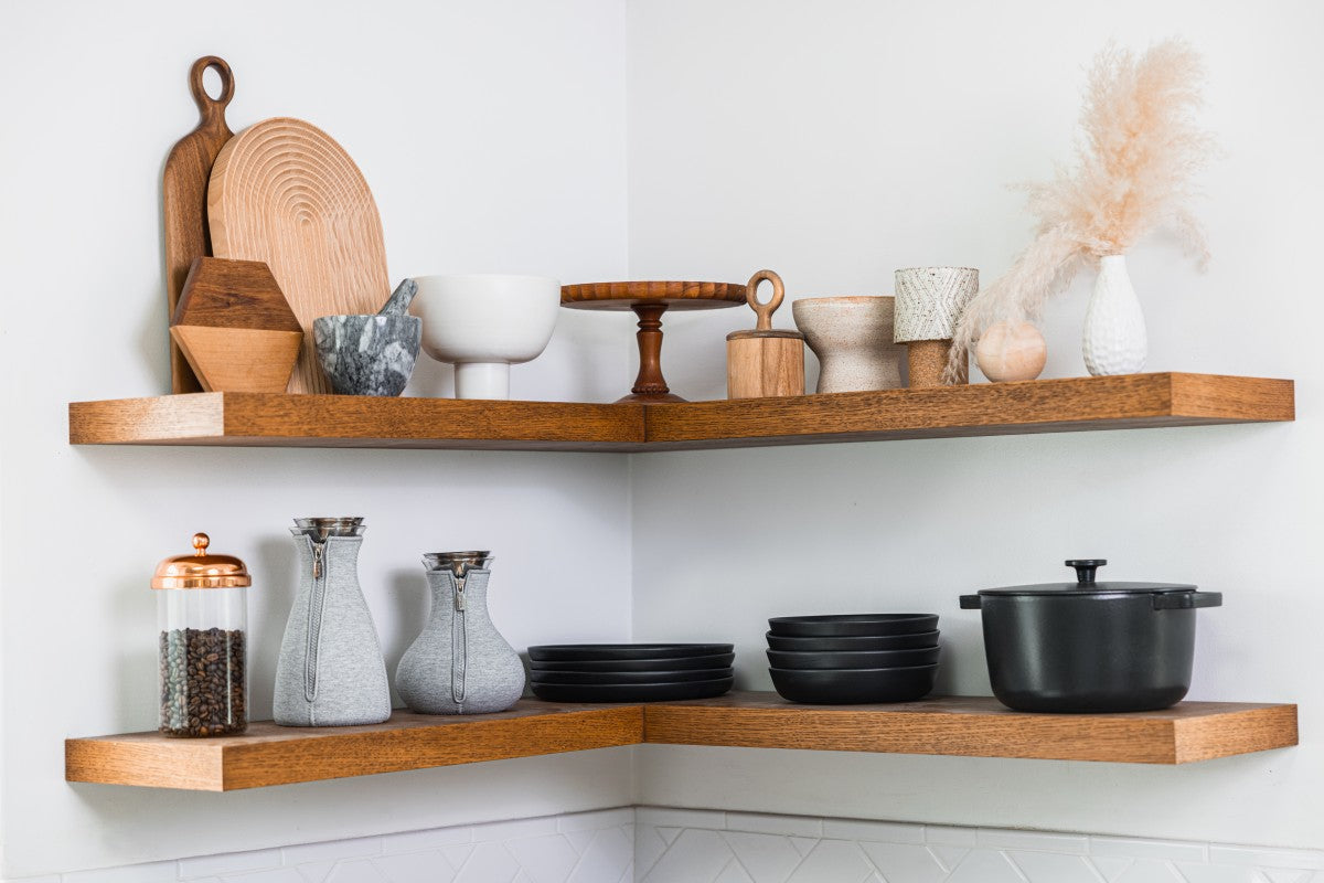 Minimalist home accessories on shelves