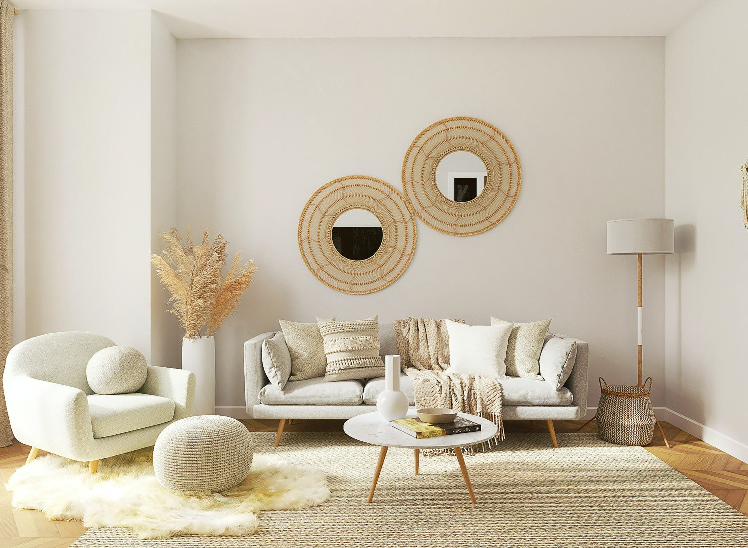 Scandinavian style living area with cream furniture and light wood accents