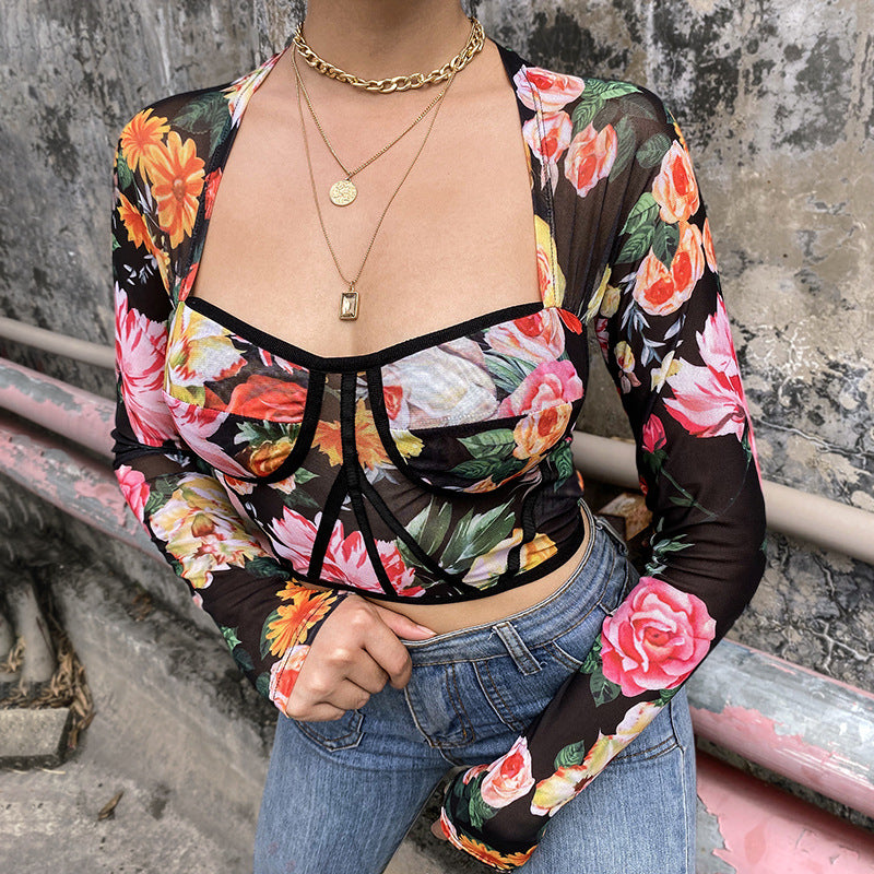 floral mesh long sleeve top