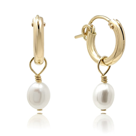 Small pearl gold filled hoop earrings huggie