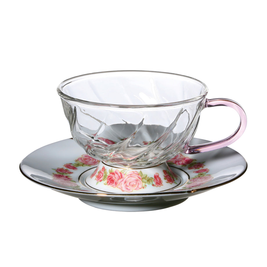 Glass Tea Cup Set of 4 - Floral Embossed Large Glass Cup | Nestasia