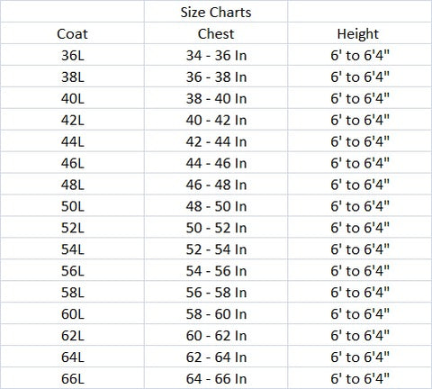 Size chart for suits long Singular Outfits