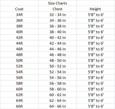 Chart Size for suits Regular Singular Outfits