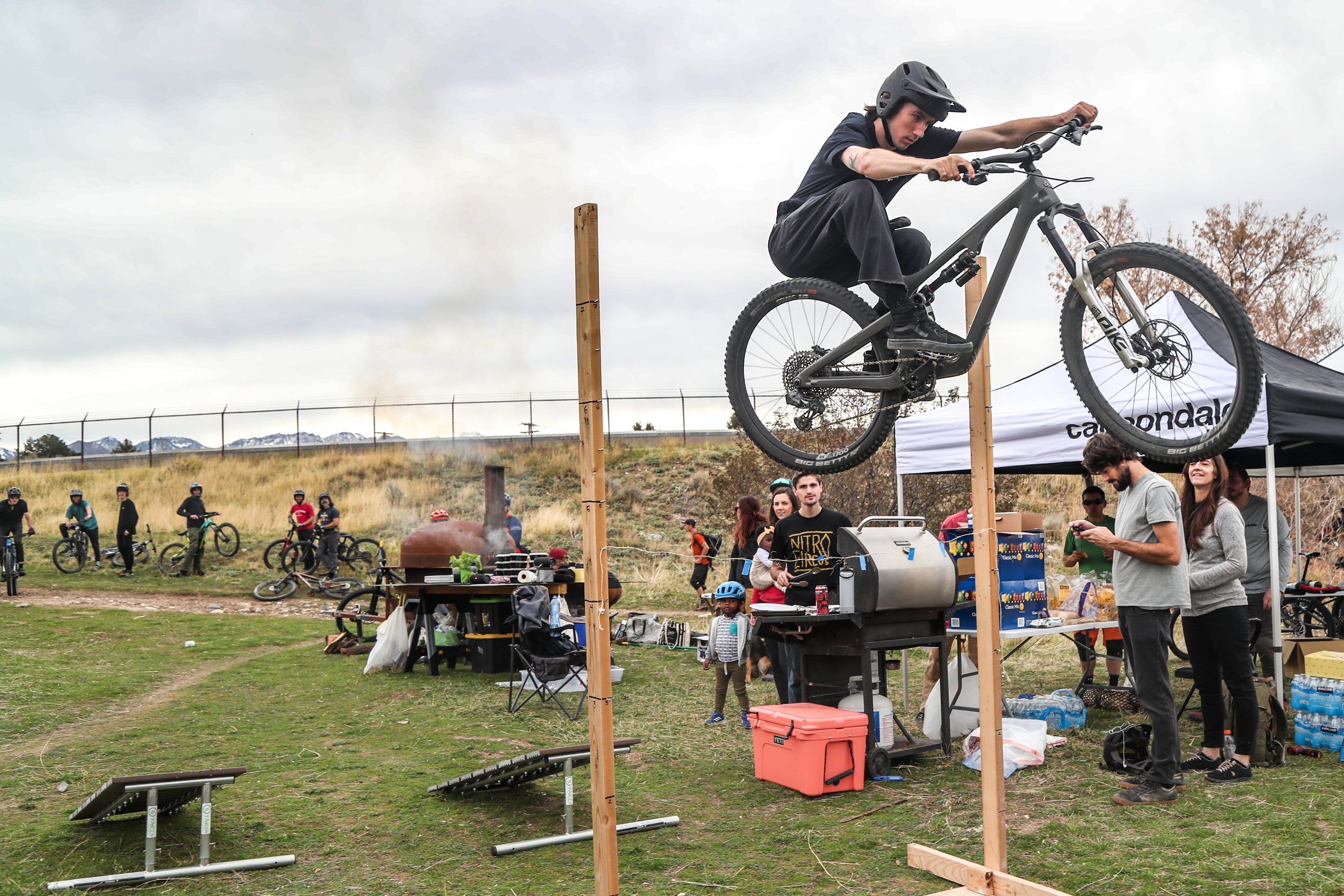 Bryn Bingham jumping his Yeti SB140 over the bar