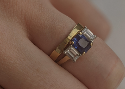 18ct yellow gold wedding band sat with antique sapphire and diamond engagement ring