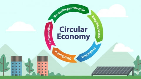 The Circular Economy - an arrowed circle showing: Re-use, repair, recycle > recycling sector > production > distribution > consumption >