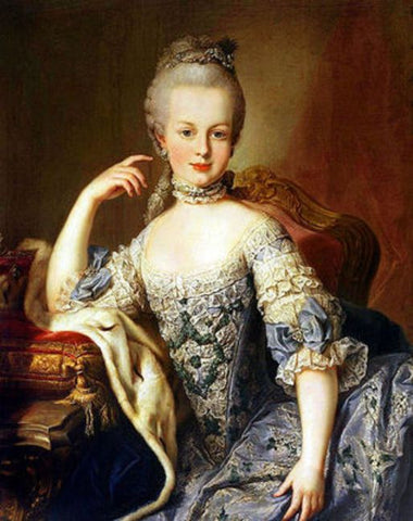 A painting of Marie Antoinette posing in her french finery.
