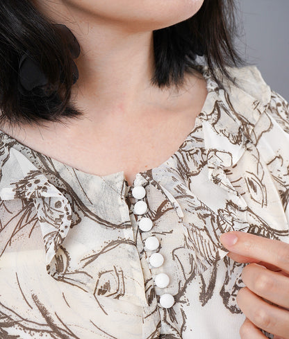 Safari print fluffy shirring blouse