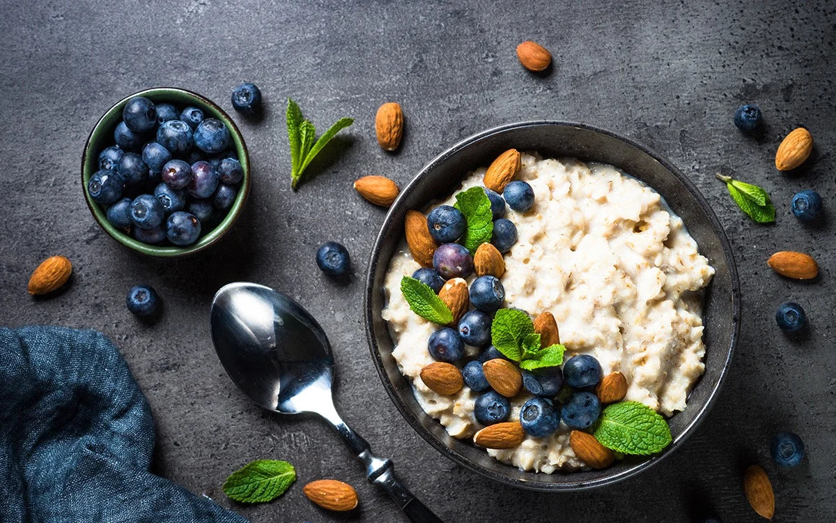 bowl of porridge, blueberries and almonds 