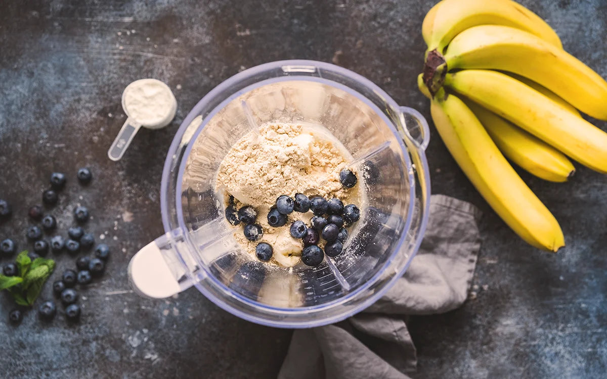 Creatine, Protein Powder, Blueberries, Banana And Blender