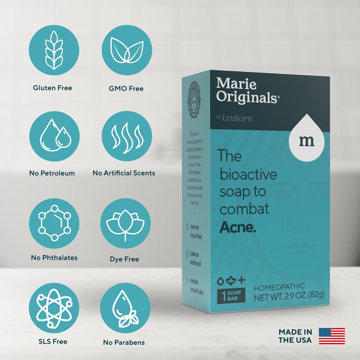 Marie Originals graphic that says acne soap is gluten free, gmo free, contains no petroleum, no artificial scents, no phtalates, dye free, sls free, no parabens
