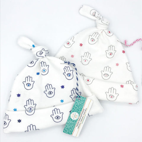 Cute Blue, Pink and white Hamsa Patterned Baby Hats for Jewish Babies with evil eye in center of palm - created by Sunny Day Designs  exclusively for JEW-ishly.com