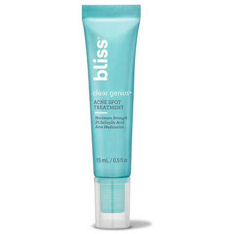 Turquoise tube of Clear Genius Acne Spot Treatment by Bliss Beauty, Made in the USA