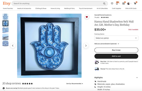 Handmade Blue Paper Quilled Hamsa Art Inside of a Black Shadowbox - Handmade by SandyPantsCreations on Etsy.com - Made In The USA