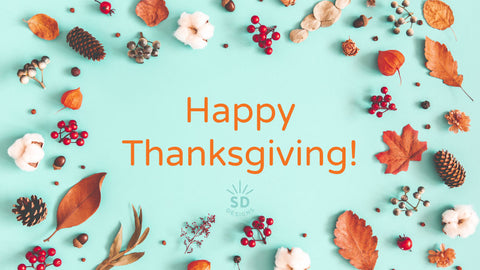 Happy Thanksgiving text surrounded by orange leaves, white cotton bolls, and pinecones on a light teal background 