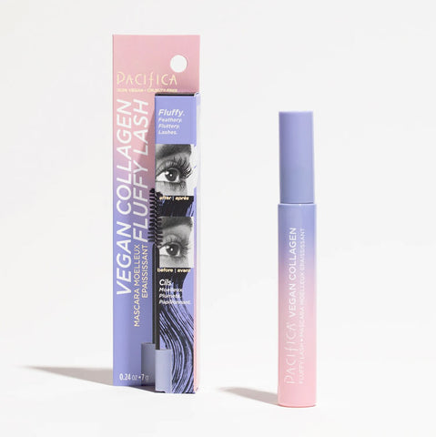 Purple and pink glass tube of Vegan Collagen Fluffy Lash Mascara by Pacifica Beauty, Made in the USA