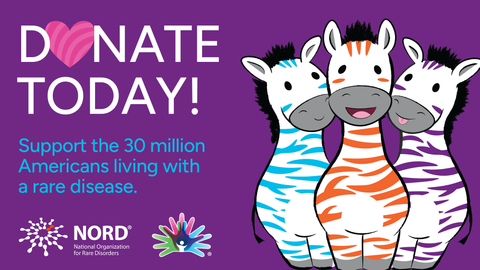 Purple image showing colorful zebras with text about donating today to the National Organization for Rare Disorders (NORD)