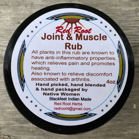 Top of the Lid of Red Root Joint & Muscle Rub, Blackfeet-Native-Made, Made in the USA