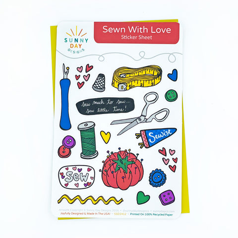 Sewn With Love Sewing-themed Recycled Paper Sticker Sheet by Sunny Day Designs. This colorful & cute 4x6 Eco-friendly sticker sheet is made in America. Our recycled paper sticker sheets make great gifts for sewists and crafters and is shown on a white background.