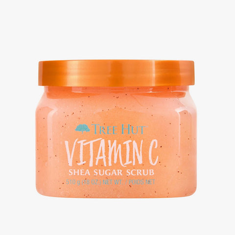 Coral colored jar of Vitamin C Shea Sugar Scrub by Tree Hut, Made in the USA