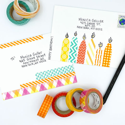 2 Fun Greeting Card Envelopes Embellished with Colorful Patterned Washi Tape by Sunny Day Designs - Snail Mail Fun Blog Post