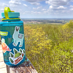 Teal Nalgene water bottle displaying 3 fun stickers by Sunny Day Designs (1 "Atlanta Peach" orange peach design, 1 "Lovely Llama" aqua llama sticker, and 1 "Happy Camper" smiling tent and campfire sticker design). The water bottle is resting on a wooden railing of a tall observation tower at Blue Mound State Park in Wisconsin, with green trees and a blue cloudy sky in the background.