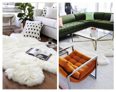 couch chair accessories home decor living room lounge room sheepskin fur rug coffee table orange green gold furnishings pillows modern minimal design art