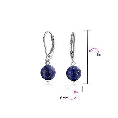 Simple Plain Navy Blue Lapis Lazuli Gemstone Round Dangle Leverback Ball Drop Earrings For Women 925 Sterling Silver - PRTYA