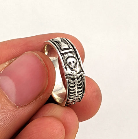 goth, skeleton, band, hour glass, sands of time, momento mori, skull ring, wedding, engagement, unique, hand carved, real, sterling silver, rickson jewelry