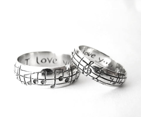 music, sheet music, ring, wedding, engagement, musician wedding, nerd, band, geek, piano, violin, guitar, rickson jewelry, real, sterling silver