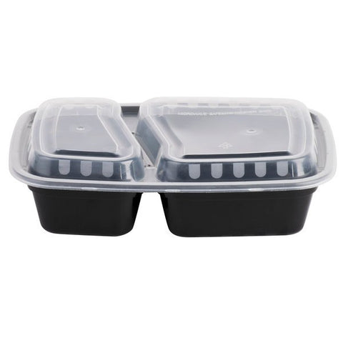 39 oz. 3 Compartment Black Rectangular Plastic Take-Out Container w/ Clear  Lid - 150 sets