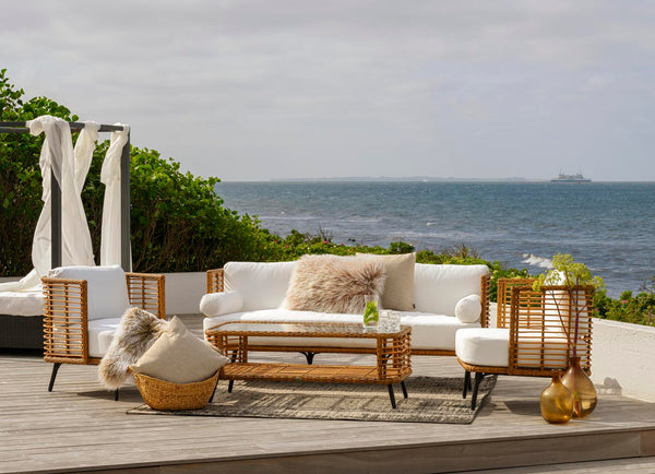 Sofa-Lounge-Set aus echtem Rattan für den Außenbereich, bestehend aus 2-Sitzer-Sofa und 2 Sesseln – weiße Kissen