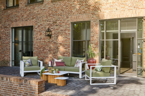 Savona Outdoor Sofa by Suns in white aluminium with green cushions