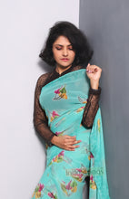 Load image into Gallery viewer, Leaf Print Chiffon Saree (Turquoise)
