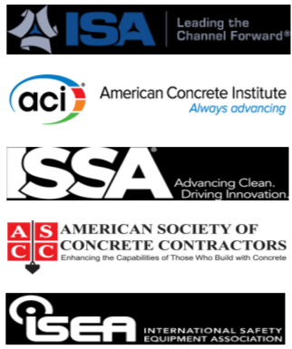 ISA Leading the Channel Forward; American Concrete Institute Always advancing; ISSA Advancing Clean Driving Innovation; American Society of Concrete Contractors Enhancing the Capabilities of Those Who Build with Concrete. ISEA International Safety Equipment Association.