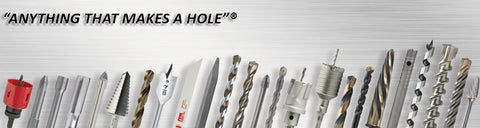 Text reads: "Anything that makes a hole." There is a row of several different drill bits depicted on a gray background.